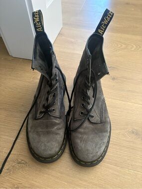 Dr. Martens Gray Suede 8-Eye Lace-Up Combat Boots with Yellow Stitching
